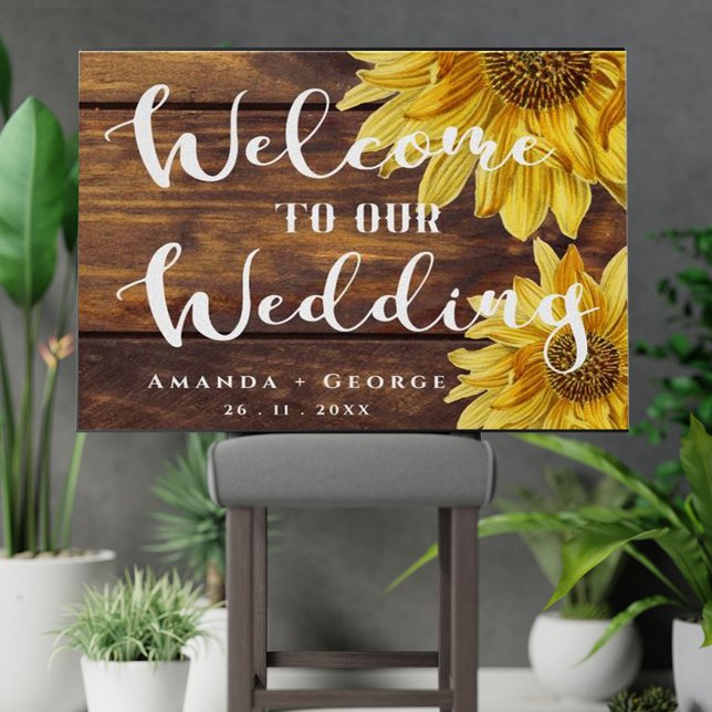 Affiche Tournesol jaune bois rustique Bienvenue au Mariage (Créateur téléchargé)