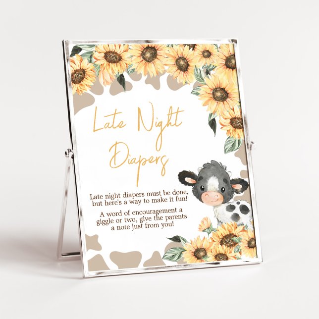 Affiche Tournesol Saint-Vache Baby shower Late Nuit Diapos (Summer Highland Cow Baby Shower Late Night Diapers Sign)