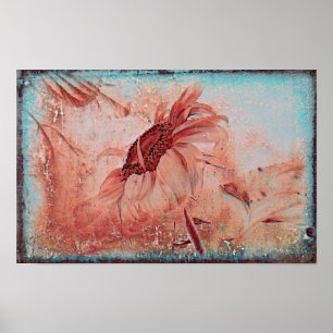 Affiche Tournesol sarcelle marron sépia texture vintage an