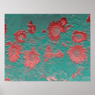 Affiche Tournesol Vintage Floral Turquoise Vert rose chic