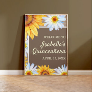 Affiche Tournesols Accueil Quinceañera en toile de jute Fl