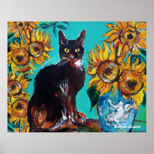 AFFICHE TOURNESOLS AVEC CHAT NOIR EN TURQUOISE BLEU