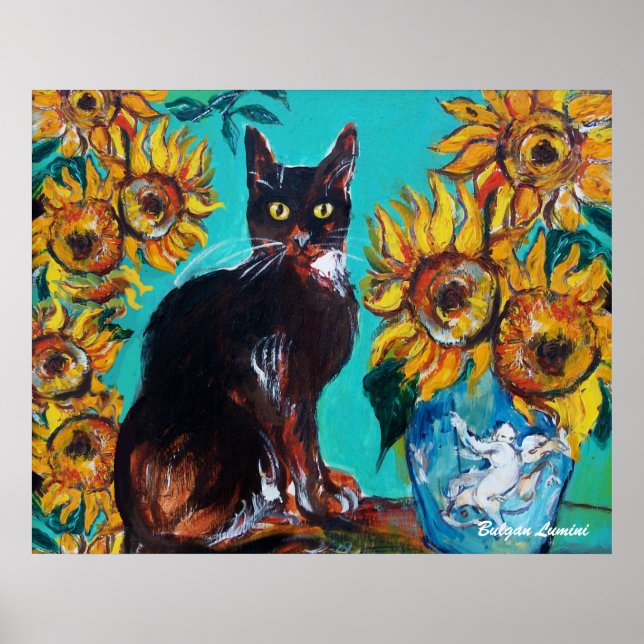 AFFICHE TOURNESOLS AVEC CHAT NOIR EN TURQUOISE BLEU (Devant)