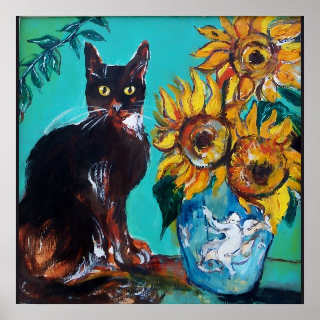 AFFICHE TOURNESOLS AVEC CHAT NOIR EN TURQUOISE BLEU (Devant)