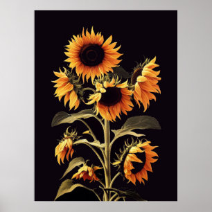 AFFICHE TOURNESOLS AVEC FEUILLES VERTES SUR FOND NOIR