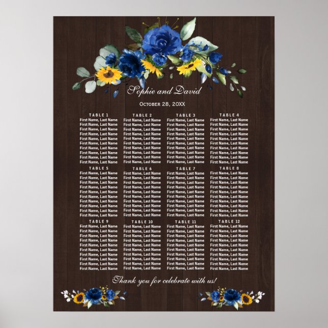Affiche Tournesols Bleu Floral Mariage Barne Carte de sièg (Devant)