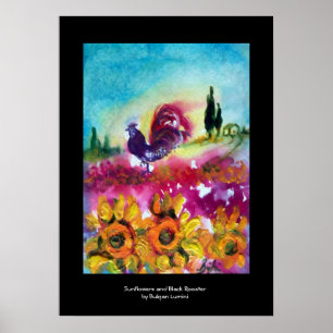AFFICHE TOURNESOLS, COQUELICOTS ET COQ NOIR