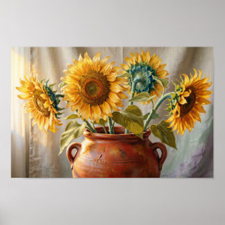 Affiche Tournesols dorés dans un vase en terre cuite - Imp