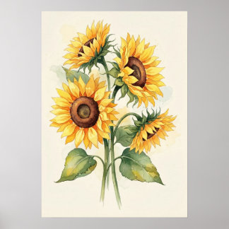 Affiche Tournesols Élégants Aquarelle Minimaliste