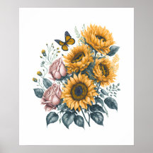 Tournesols et Rose Aquarelle Peinture Bouquet