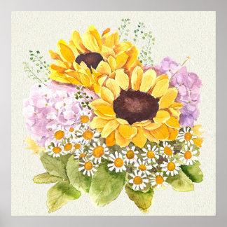 Affiche Tournesols jaunes peints à la main hydre pourpre
