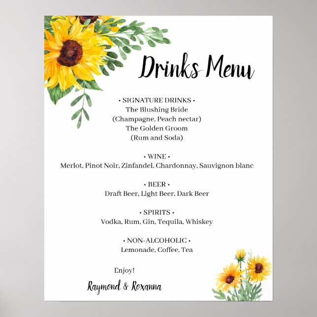 Affiche Tournesols Menu de Boissons de Verdure Signe de Ma (Devant)