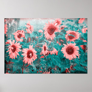 Affiche Tournesols Texture Florale Rose Sarcelle Vintage G