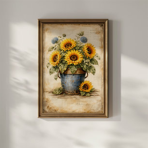 Affiche Tournesols vintage dans un seau rustique