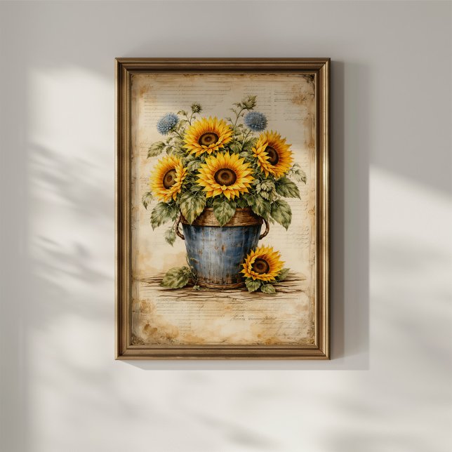 Affiche Tournesols vintage dans un seau rustique (Créateur téléchargé)