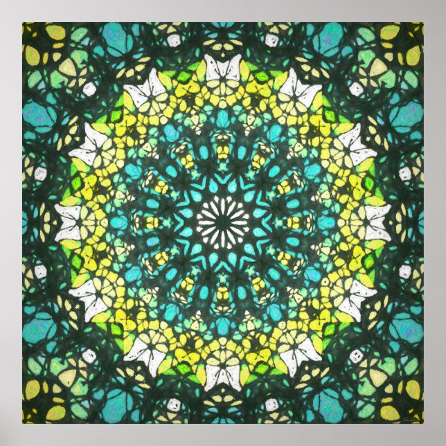 Affiche Tournette à salade – Motif mandala vert jaune (Devant)