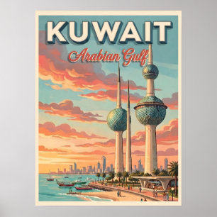 Affiche Tours de Koweït Golfe Arabique Voyage Vintage