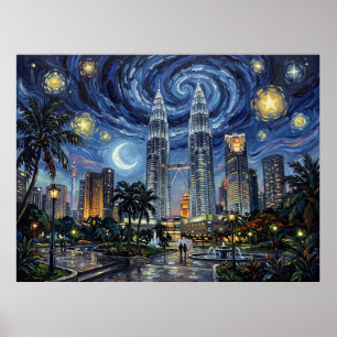 Affiche Tours jumelles Petronas Kuala Lumpur sous un ciel