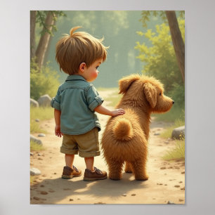 Affiche Tout-petit avec son chien duveteux