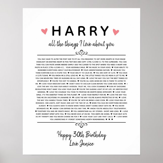 Affiche toutes les choses que j'aime chez vous anniversair (Devant)