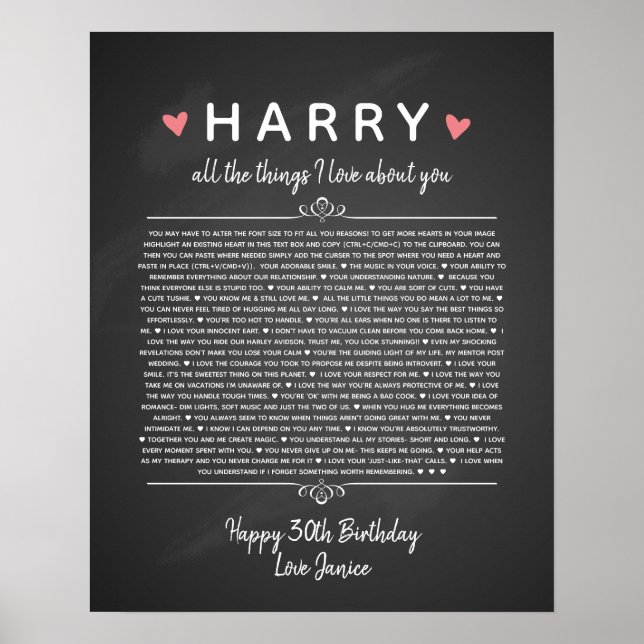 Affiche toutes les choses que j'aime de toi anniversaire d (Devant)