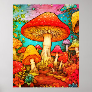 Affiche Toutes les couleurs de champignons Fond noir sur u
