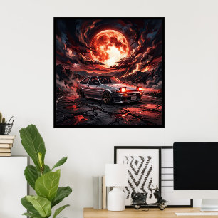 Affiche Toyota Trueno AE86 sous une lune cramoisie