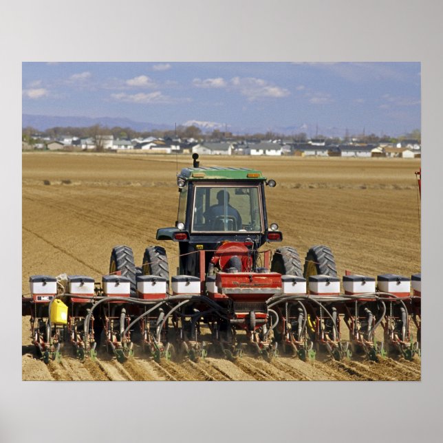 Affiche Tracteur tirant un semoir de maïs semence. (Devant)