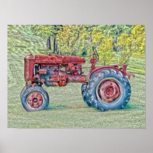 Affiche Tracteur vintage Old Red Rustic Farm