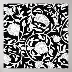 Affiche Traditional indian paisley pattern on black and wh
