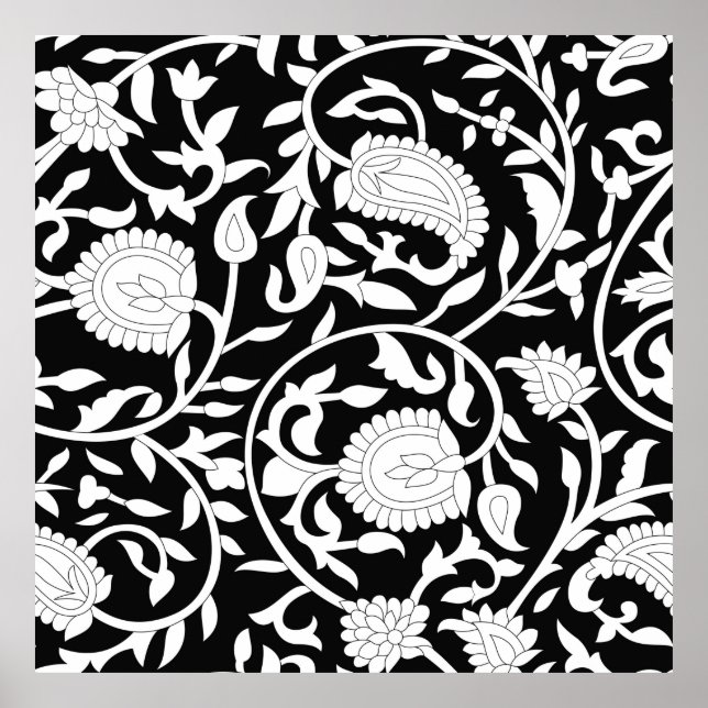 Affiche Traditional indian paisley pattern on black and wh (Devant)