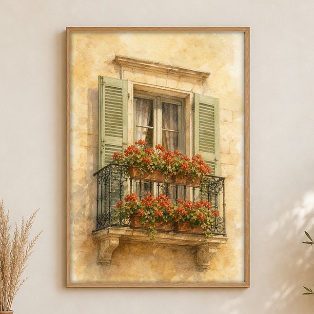 Affiche traditionnelle aquarelle Balcon de Provenc (Shown framed for scale. Poster ships unframed; frames are an optional add-on.)