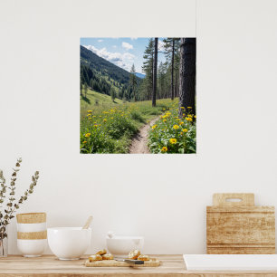 Affiche Trail forestier avec Fleurs sauvages jaunes