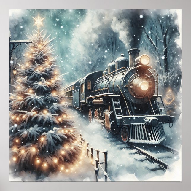 Affiche Train à l'ancienne et scène d'hiver Vintage (Devant)