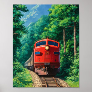 Affiche Train à locomotive rouge panoramique en forêt de m