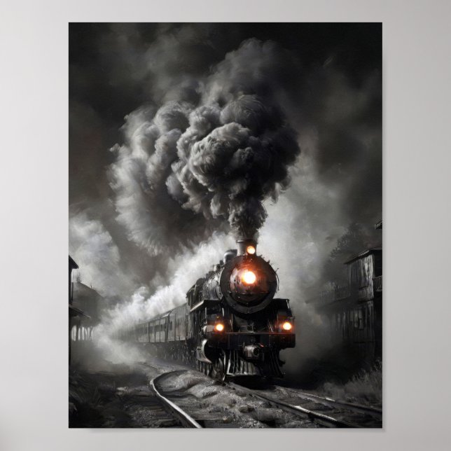 Affiche Train à vapeur fantôme dans une nuit sombre et ora (Devant)