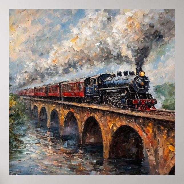 Affiche Train à vapeur sur un pont - Peinture à l'huile (Devant)