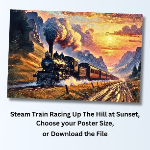 Affiche Train à vapeur Traversant la colline au coucher du