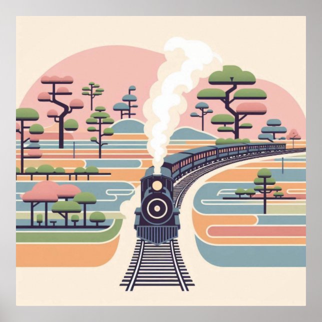 Affiche Train à vapeur vintage dans une forêt pastel rêvée (Devant)