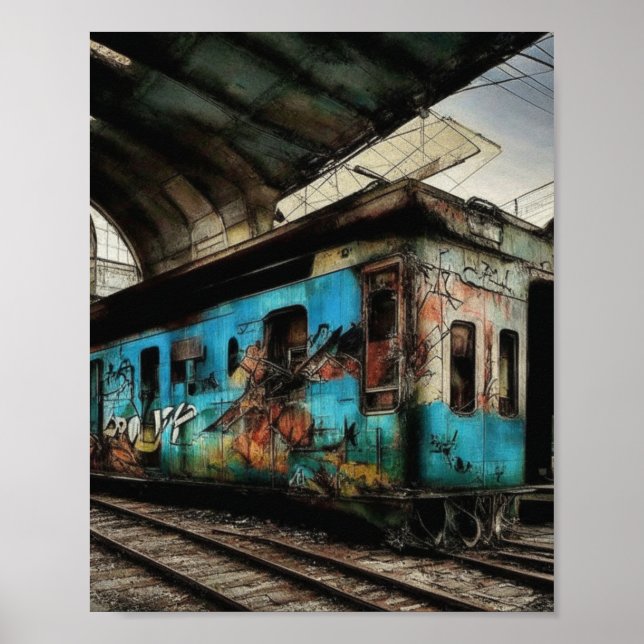 Affiche Train abandonné avec graffitis d'art urbain de rue (Devant)