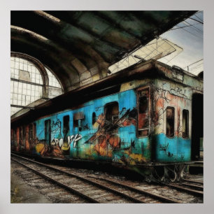 Affiche Train abandonné avec graffitis d'art urbain de rue