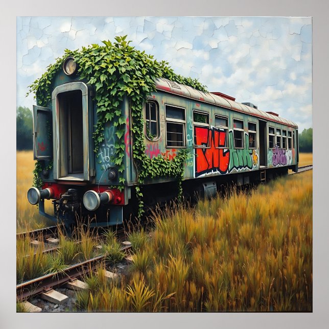 Affiche Train abandonné recouvert de lierre et de graffiti (Devant)
