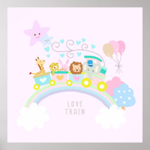 Affiche Train Animaux roses