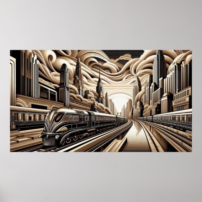Affiche Train Art Deco Style gold copper black white (Devant)