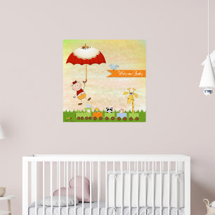 Affiche Train baby shower avec Animaux et Parapluie