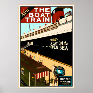 Affiche TRAIN DE BATEAU Boston Maine Railroad Voyage en ba
