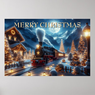 Affiche Train de Noël à travers un village illuminé de lan