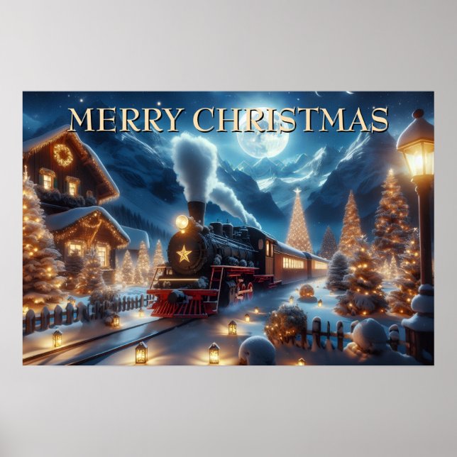 Affiche Train de Noël à travers un village illuminé de lan (Devant)