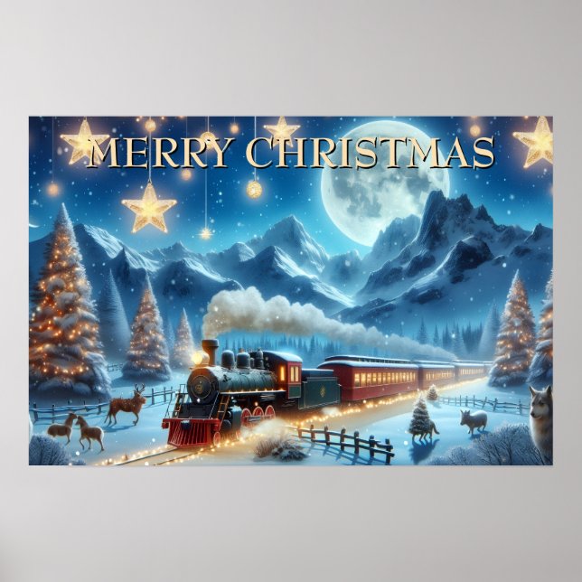 Affiche Train de Noël au clair de lune avec des animaux de (Devant)