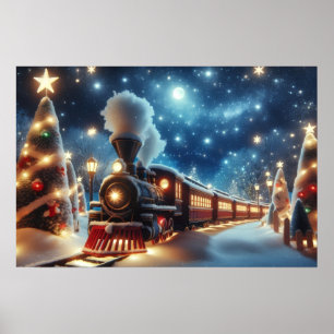 Affiche Train de Noël sous un ciel étoilé au clair de lune